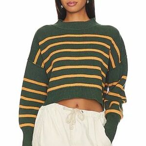 Free People Easy Street Stripe Slouchy Crop Sweater Size Large Hunter Green
